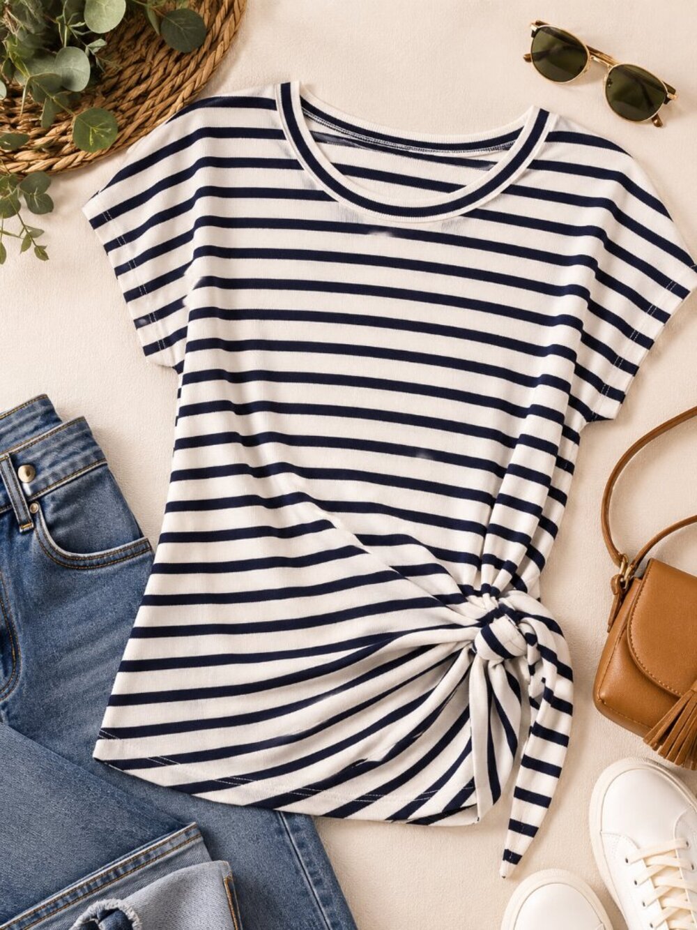 Ann Taylor Weekend Striped Side Tie Top Medium Nautical Cotton Knit Short Sleeve